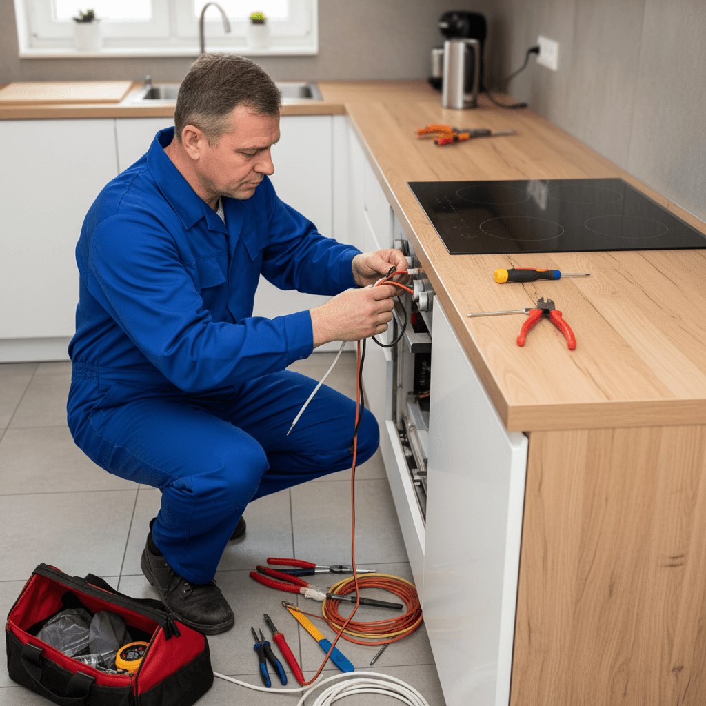 Induktionskochfeld liegt neben Montagezubehör auf einer Arbeitsplatte, im Hintergrund eine geöffnete Anschlussdose