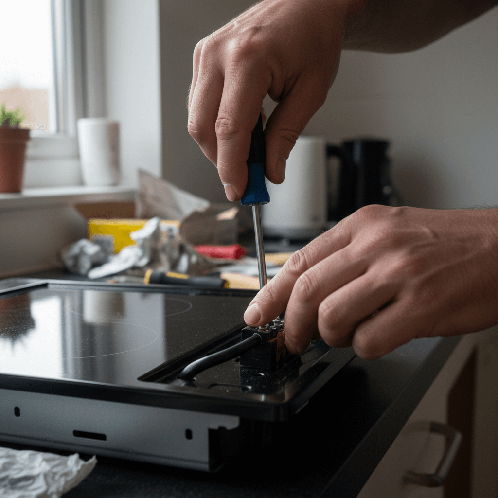 Elektriker verschraubt die Anschlussklemme eines Kochfelds, daneben liegt das Schaltbild des Herstellers