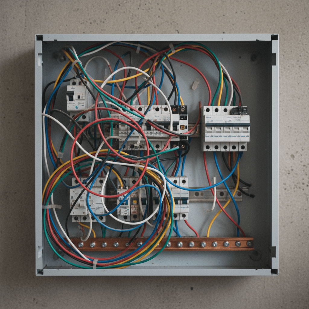 Elektriker vor offener Verteilerschrankwand mit beschrifteten Sicherungen