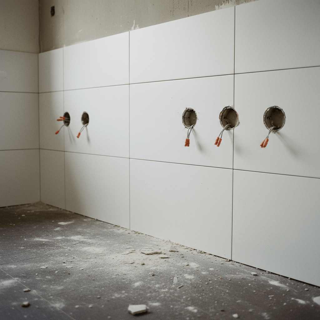 Unterbauleuchte wird unter einem Hängeschrank ausgerichtet, Kabelkanal und Bohrmaschine liegen auf der Arbeitsfläche