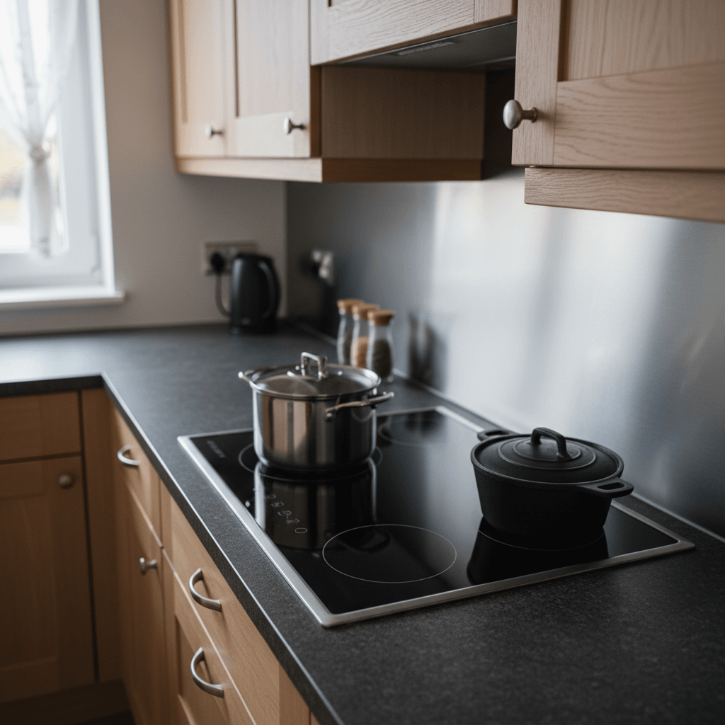 Elektriker prüft eine offene Herdanschlussdose in einer modernen Küchennische